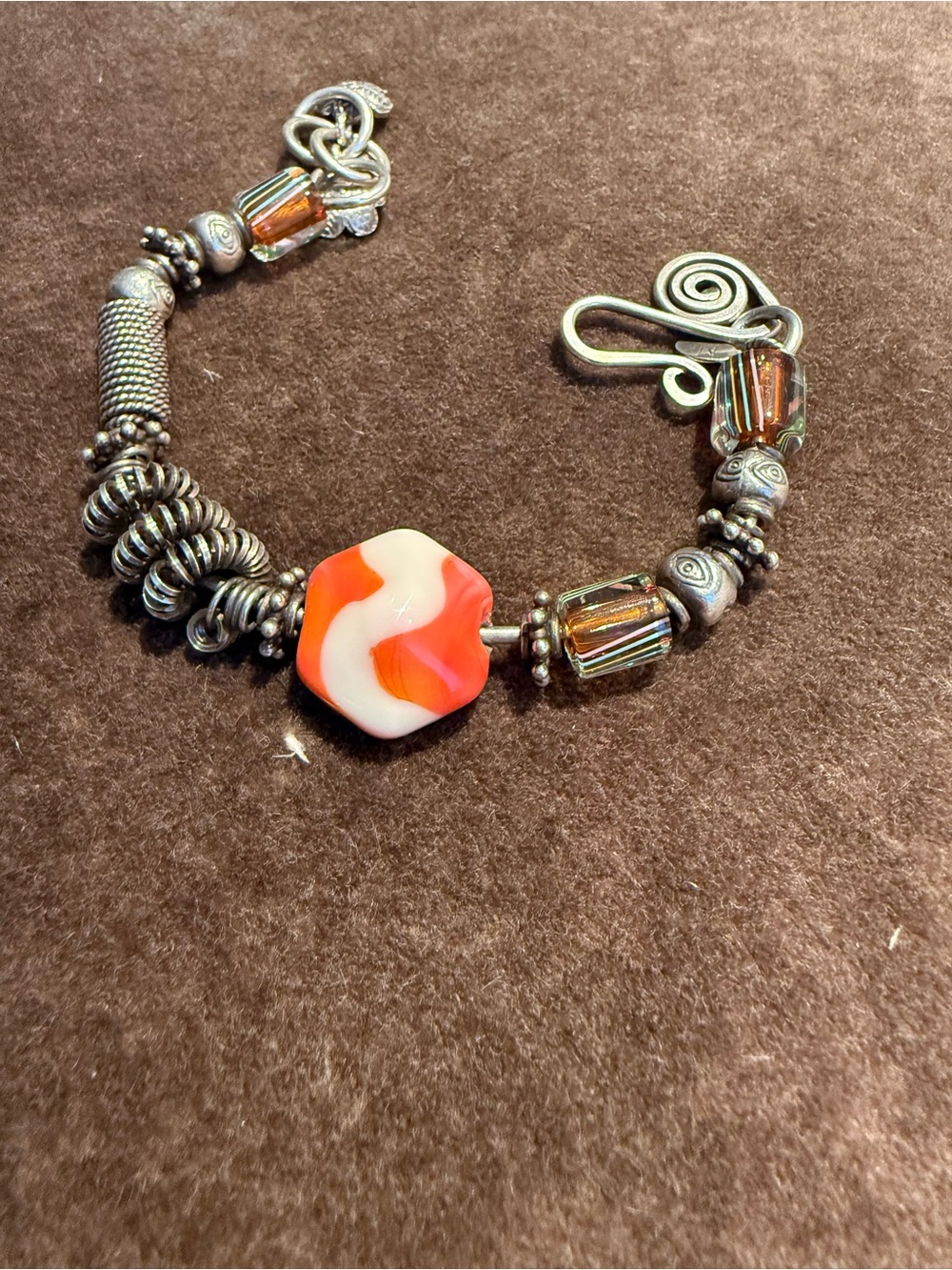 Silver tone Glass Bead Bracelet - Orange & White Accent